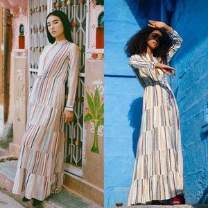 De Castro Dueño Stripe Cotton Tiered Maxi Dress Pink Medium EUC